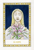 A card from The Fool's New Journey Tarot by Schiffer Publishing, Ltd. labeled 34 HOPE features a serene blonde woman with closed eyes and pink flowers, bordered by yellow arrows on a deep blue background in modern tarot style.