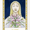 A card from The Fool's New Journey Tarot by Schiffer Publishing, Ltd. labeled 34 HOPE features a serene blonde woman with closed eyes and pink flowers, bordered by yellow arrows on a deep blue background in modern tarot style.