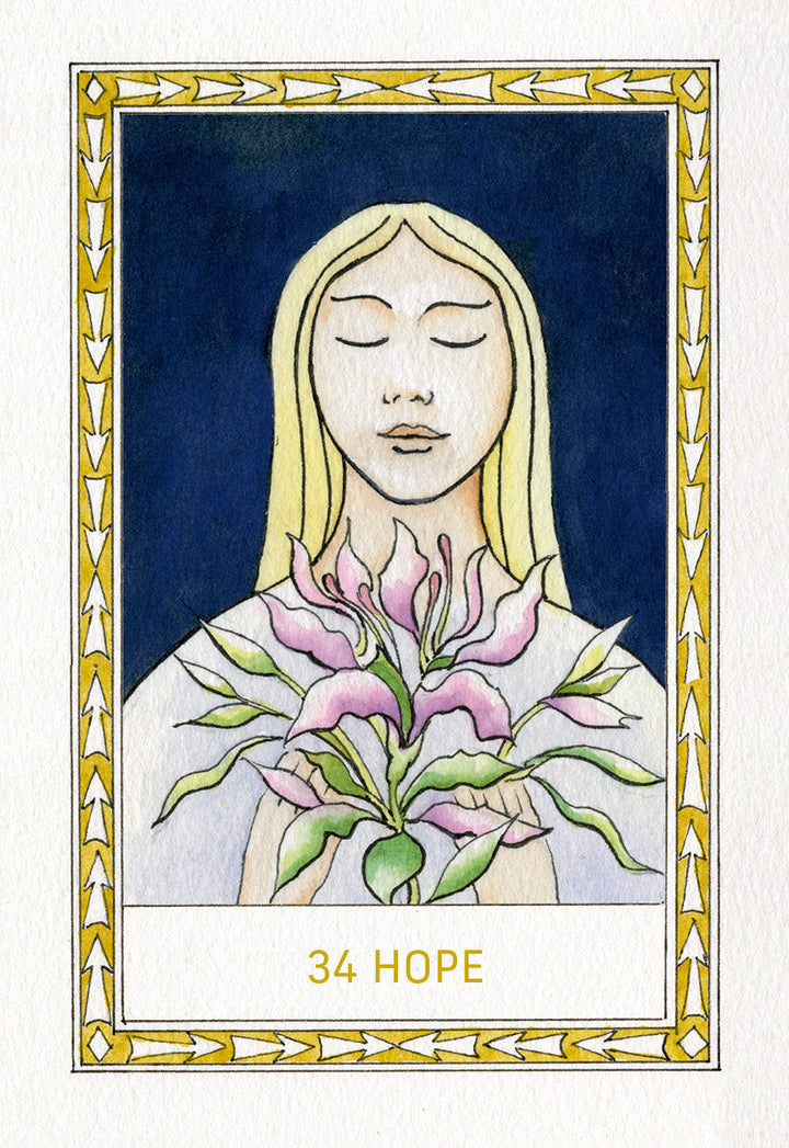 A card from The Fool's New Journey Tarot by Schiffer Publishing, Ltd. labeled 34 HOPE features a serene blonde woman with closed eyes and pink flowers, bordered by yellow arrows on a deep blue background in modern tarot style.