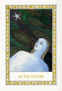 An illustrated card from The Fool's New Journey Tarot by Schiffer Publishing, Ltd. features a serene blue figure gazing at a star in a swirling sky. Yellow and white borders frame the card labeled “56 THE FUTURE.”.