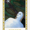 An illustrated card from The Fool's New Journey Tarot by Schiffer Publishing, Ltd. features a serene blue figure gazing at a star in a swirling sky. Yellow and white borders frame the card labeled “56 THE FUTURE.”.