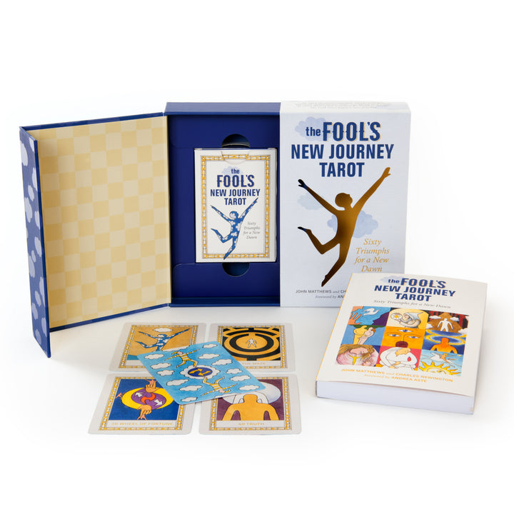 The Fool’s New Journey Tarot by Schiffer Publishing, Ltd. features an open box with a modern Tarot deck, guidebook, and four cards laid out, each displaying colorful, abstract illustrations.