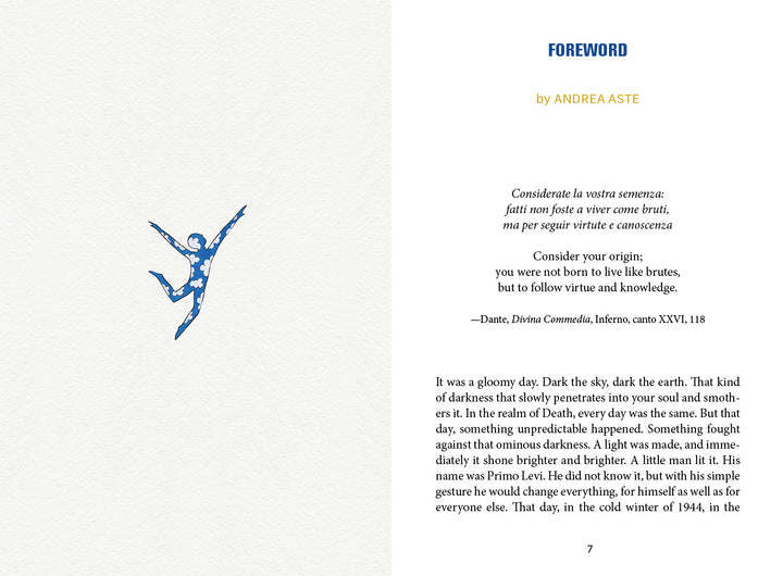 An open book from The Fool's New Journey Tarot by Schiffer Publishing, Ltd. shows a blue leaping figure on the left and a foreword by Andrea Aste, featuring a Dante quote and the beginning of a reflective narrative on the right.