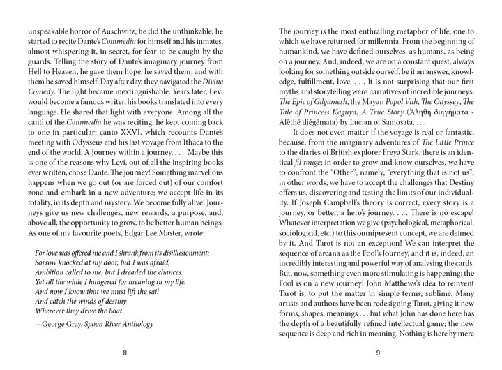 A two-page spread from The Fool's New Journey Tarot by Schiffer Publishing, Ltd. features dense black text; the left page ends with a quote, while the right explores stories’ appeal across cultures, listing famous titles and referencing modern Tarot.