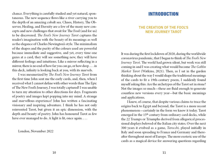 A book spread presents two text columns per page: the left delves into modern Tarot and personal stories, while the right, under a blue "Introduction" heading, discusses the creation of The Fool's New Journey Tarot by Schiffer Publishing, Ltd.