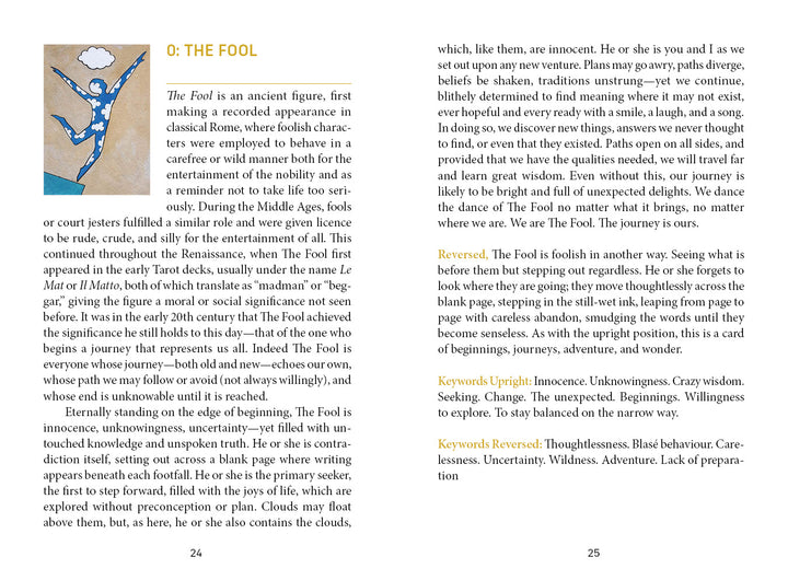 A two-page spread from The Fool's New Journey Tarot by Schiffer Publishing, Ltd. showcases The Fool card with a bold "0: The Fool" header, artwork of a figure and dog on a cliff, card meanings, reversed meanings, and yellow keywords.