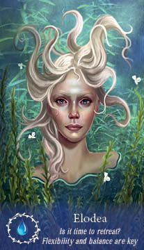 A mystical woman with flowing white hair floats underwater among green elodea and tiny white flowers. Text: Elodea from The Flowerwise Oracle by Schiffer Publishing, Ltd.—flexibility and balance are key in this botanical guidebook.