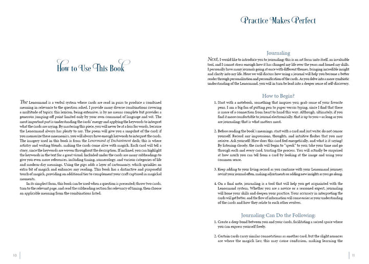An open book, The Magick of Lenormand Card Reading by Schiffer Publishing, Ltd., shows a left page on using the guide and Lenormand meanings, and a right page titled Practice Makes Perfect with journaling tips, all in an elegant light blue font.