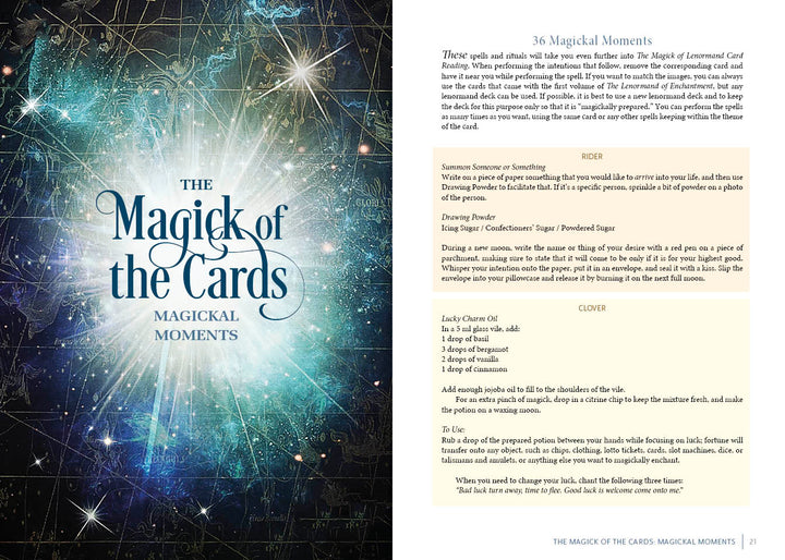 A two-page spread from The Magick of Lenormand Card Reading by Schiffer Publishing, Ltd. shows a starry design on the left and magical rituals and card exercises grouped under Rider and Clover—perfect for your Lenormand guide collection.