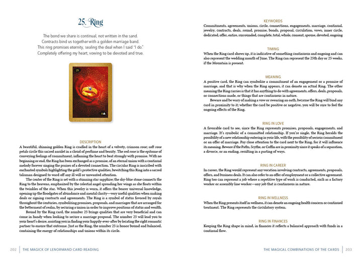 A page from "The Magick of Lenormand Card Reading" by Schiffer Publishing, Ltd. explores card 25, Ring—with an image of a gold ring on red—covering meanings, timing, keywords, and guidance for love, career, and finances.
