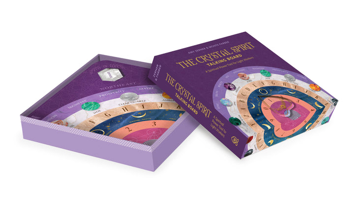 A partially opened purple box labeled "The Crystal Spirit Talking Board and Guidebook" by Schiffer Publishing, Ltd. reveals a vibrant spirit board adorned with gems, zodiac signs, numbers, and a clear quartz crystal for channeling crystal energy.