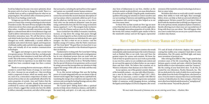 A two-page spread from "The Crystal Spirit Talking Board and Guidebook" by Schiffer Publishing, Ltd. features black text on white pages, gold accents at the bottom, a purple patterned top border, and a gold-highlighted crystal-inspired heading.
