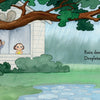 Two children watch rain fall on a pond as squirrels play in a tree. "Rain dances. Droplets drum." Hello, Rain! by Schiffer Publishing, Ltd. is a charming children’s book celebrating rainy days and nature exploration for kids.
