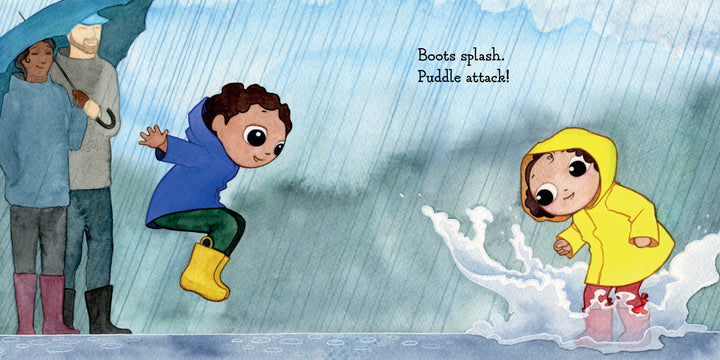 Children play in the rain as one, wearing yellow boots and a blue jacket, jumps into a puddle and splashes another in a yellow raincoat, while two adults watch under an umbrella. "Hello, Rain!" by Schiffer Publishing, Ltd. celebrates nature exploration.
