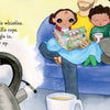 A family of four snuggles on a blue couch reading "Hello, Rain!" by Schiffer Publishing, Ltd., mugs in hand. A steaming kettle and tea set the scene. Text: “Kettle whistles. Tea fills cups. Snuggle in. Cozy up.”.