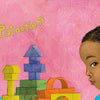 A child with short curly hair and a blue shirt looks to the side in front of colorful blocks. Above, "Are You My Cutie Patootie?" by Schiffer Publishing, Ltd. is written—a sweet board book for diverse families—on a pink textured background.