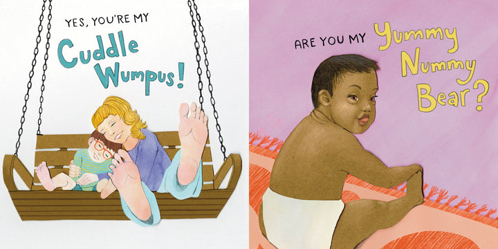 Split image: Left shows woman and child cuddling on a swing with “Yes, you’re my Cutie Patootie!” Right has baby in diaper with “Are you my Cutie Patootie?” A sweet rhyming children’s board book from Schiffer Publishing, Ltd. celebrating diverse families.