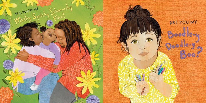 Illustration of a joyful adult cuddling two smiling kids among big yellow flowers, with playful text. On the right, a child holds markers beside “Are you my Cutie Patootie?”—a sweet rhyming children's book from Schiffer Publishing, Ltd. celebrating families.