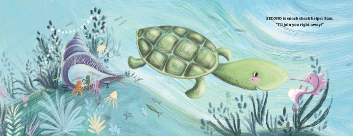 In Splish, Splash! First to Last by Schiffer Publishing, Ltd., a green turtle meets a pink seahorse near a purple “SHACK SNACK” shell as small sea creatures illustrate ordinal numbers and early math in a vibrant ocean adventure.