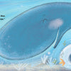 In Splish, Splash! First to Last by Schiffer Publishing, Ltd., a smiling blue whale swims with sea creatures among coral and seaweed, teaching ordinal numbers and early math. Text reads: “THIRD to arrive is mellow Max. ‘Yo, dudes, I’m stoked to ride.’”.