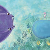 Illustration for "Splish, Splash! First to Last" by Schiffer Publishing, Ltd.: A purple manta ray and blue whale meet underwater among sea life. A seahorse floats above. Text reads: “FOURTH is Kareen. He flips his fin. ‘I like to gently glide.’”.