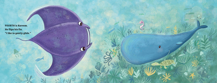 Illustration for "Splish, Splash! First to Last" by Schiffer Publishing, Ltd.: A purple manta ray and blue whale meet underwater among sea life. A seahorse floats above. Text reads: “FOURTH is Kareen. He flips his fin. ‘I like to gently glide.’”.