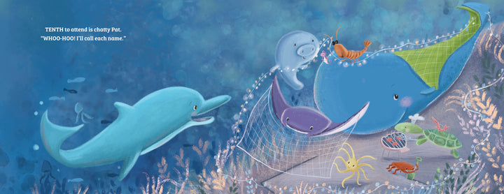 In "Splish, Splash! First to Last" by Schiffer Publishing, Ltd., a dolphin calls to sea creatures in nets to introduce ordinal numbers, with swaying sea plants and left-side text—an ideal scene for an engaging picture book.