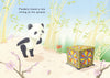 A cute panda stands on a bamboo path, gazing at a colorful box. Text: Pandora found a box on the ground. The Magic Box by Schiffer Publishing, Ltd. is perfect for emerging readers and a delightful panda children’s book adventure.
