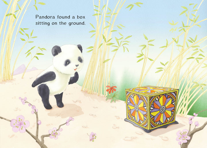 A cute panda stands on a bamboo path, gazing at a colorful box. Text: Pandora found a box on the ground. The Magic Box by Schiffer Publishing, Ltd. is perfect for emerging readers and a delightful panda children’s book adventure.