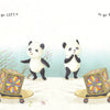 Two cartoon pandas from "The Magic Box" by Schiffer Publishing, Ltd. face opposite ways, pushing colorful boxes on carts. One says, "I go LEFT," the other, "I go RIGHT." A butterfly and trees are in the background—a fun opposites tale.