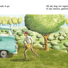 An illustration for The Book Bus by Schiffer Publishing, Ltd. shows a farm with fruit trees, two people loading crates onto a vintage VW truck, and farmhouses in the background beneath a light blue sky, evoking picture book charm.