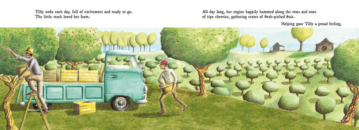 An illustration for The Book Bus by Schiffer Publishing, Ltd. shows a farm with fruit trees, two people loading crates onto a vintage VW truck, and farmhouses in the background beneath a light blue sky, evoking picture book charm.