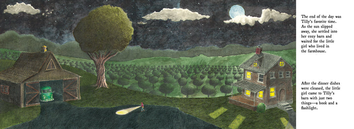 A girl walks from a barn to a lit farmhouse at night, shining a flashlight on grass under a moonlit sky, as The Book Bus by Schiffer Publishing, Ltd. tells the enchanting story of her bedtime routine.