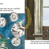 An illustrated spread from The Book Bus by Schiffer Publishing, Ltd. shows Tilly in bed dreaming—on the left, a green vintage VW truck and circular scenes of mermaids, scientists, and explorers float above; on the right, a bookshelf and snowy tree seen through a frosty window.