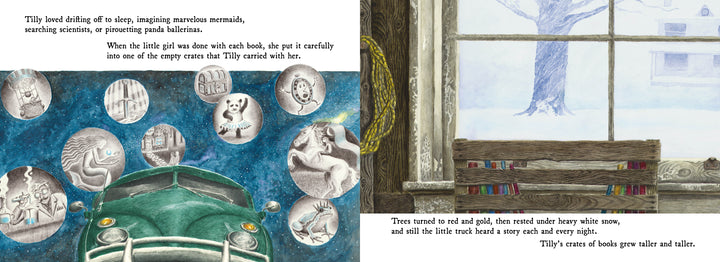 An illustrated spread from The Book Bus by Schiffer Publishing, Ltd. shows Tilly in bed dreaming—on the left, a green vintage VW truck and circular scenes of mermaids, scientists, and explorers float above; on the right, a bookshelf and snowy tree seen through a frosty window.