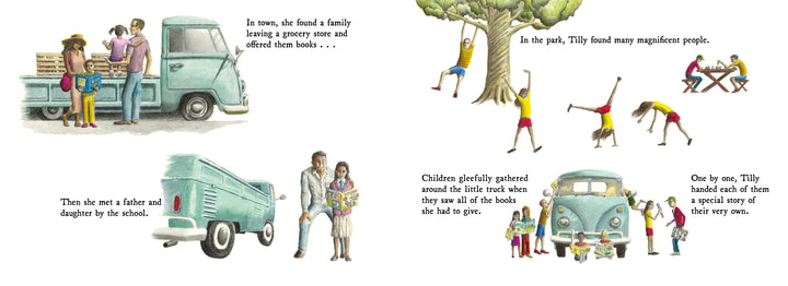 Schiffer Publishing, Ltd.'s The Book Bus delivers picture books to children and families from a vintage VW truck. Kids read, play, and gather joyfully around the Book Bus in the park to receive their books.