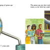 A group of smiling adults carrying stacks of colorful picture books is seen through a magnifying glass. Nearby, adults place books from Schiffer Publishing's The Book Bus on a shelf, while kids read and enjoy a special spot for Tilly.