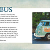 A woman stands next to The Book Bus, a vintage VW truck filled with picture books. The van features Schiffer Publishing, Ltd.'s logo. A light background displays a short description and highlights the picture book collection on the left.