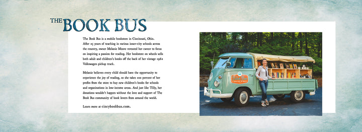 A woman stands next to The Book Bus, a vintage VW truck filled with picture books. The van features Schiffer Publishing, Ltd.'s logo. A light background displays a short description and highlights the picture book collection on the left.