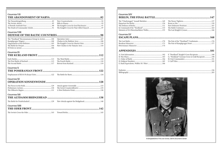 Table of contents from Schiffer Publishing, Ltd.'s illustrated history of the 11th Waffen-SS Freiwilligen Panzergrenadier Division “Nordland,” with chapter titles, page numbers, and a photo of a uniformed SS Nordland officer on the right.