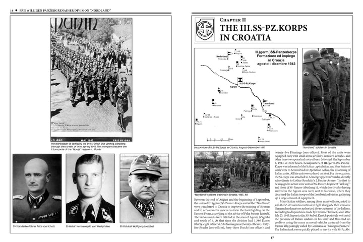 A two-page spread from Schiffer Publishing, Ltd.'s "11th Waffen-SS Freiwilligen Panzergrenadier Division 'Nordland'" shows Nazi officers, marching troops, a Croatia map, wartime photos, and division history from WWII.