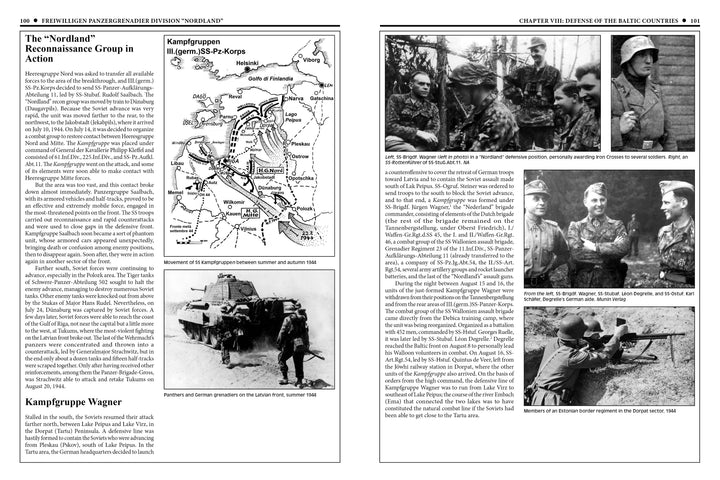 Two pages from "11th Waffen-SS Freiwilligen Panzergrenadier Division 'Nordland'" by Schiffer Publishing, Ltd. show text, an Eastern Europe map, and WWII black-and-white photos of SS Nordland troops and vehicles, all with captions.
