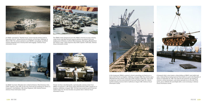 A collage of historical images displays M60 Tanks—lined up at ports, loaded and unloaded by cranes, and dockside—providing an ideal US Cold War MBT logistics reference. Product: M60 Tank by Schiffer Publishing, Ltd.