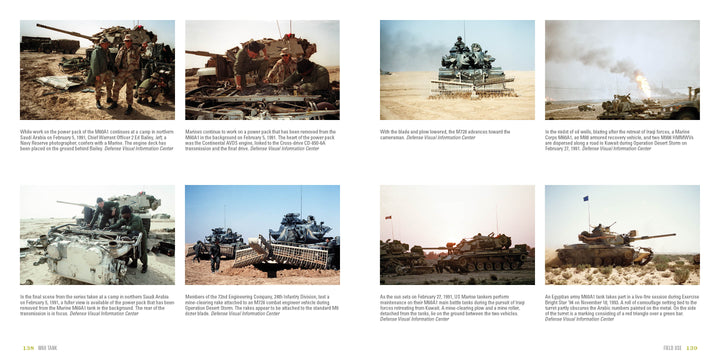A collage of eight archival photos from Schiffer Publishing, Ltd. showcases the M60 Tank in desert settings—shown in combat, undergoing repairs, destroyed, or abandoned—offering an excellent military vehicle reference with visible smoke and explosions in some images.