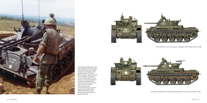 A soldier in green stands by an M42 Duster outdoors. On the right, two Vietnam War-era M42 Dusters display different unit markings and paint styles. Product: M42 Duster by Schiffer Publishing, Ltd.