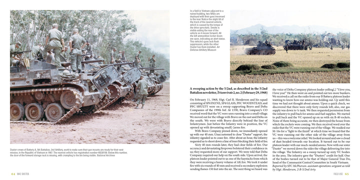US soldiers prepare for action on and around M42 Duster antiaircraft vehicles by Schiffer Publishing, Ltd.; nearby tanks advance across a field bordered by trees and mountains during the Vietnam War.