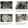 A two-page Schiffer Publishing, Ltd. M42 Duster book spread shows eight annotated close-ups of tank wheels, tracks, and components—an iconic Vietnam War antiaircraft vehicle—explaining their structure and function.