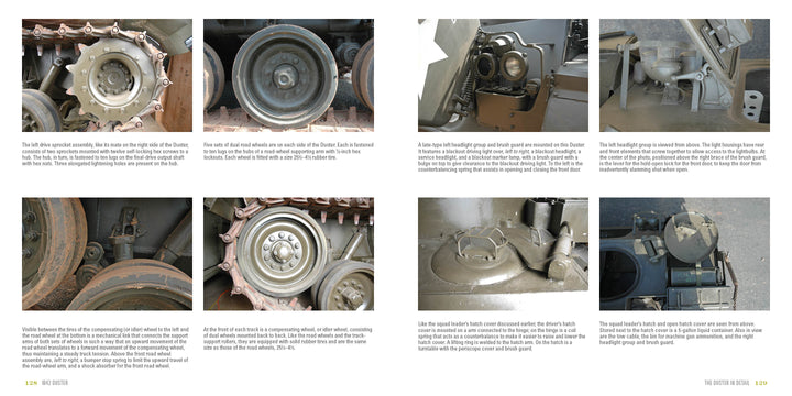 A two-page Schiffer Publishing, Ltd. M42 Duster book spread shows eight annotated close-ups of tank wheels, tracks, and components—an iconic Vietnam War antiaircraft vehicle—explaining their structure and function.