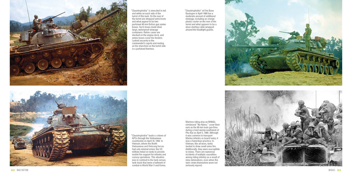 Four photos from Schiffer Publishing, Ltd.'s M48 Patton: Two color and one black-and-white image feature the main battle tank in muddy terrain; another black-and-white image shows soldiers on a military vehicle in the jungle.