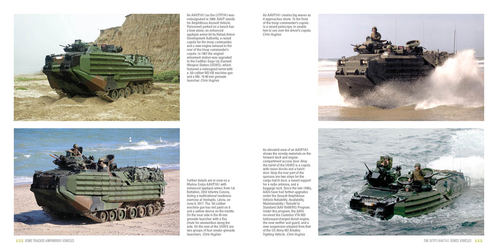Four photos of USMC Tracked Amphibious Vehicles from Schiffer Publishing, Ltd. display AAVP7A1s in action: driving on sand, splashing through water, entering the ocean from a beach, and carrying armed soldiers in shallow water.